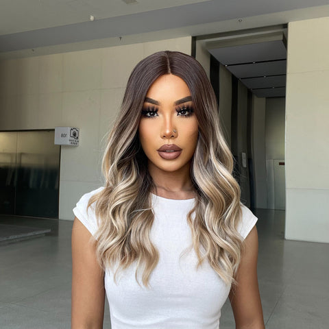 [Adr]DWY Brown Ombre Blonde Lace Front Wig Long Wavy Layered Synthetic Wig Middle Part Ombre Hair Wig for Women BL66111-1