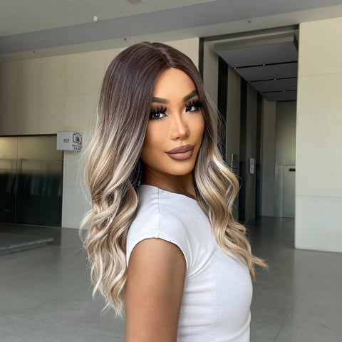 [Adr]DWY Brown Ombre Blonde Lace Front Wig Long Wavy Layered Synthetic Wig Middle Part Ombre Hair Wig for Women BL66111-1