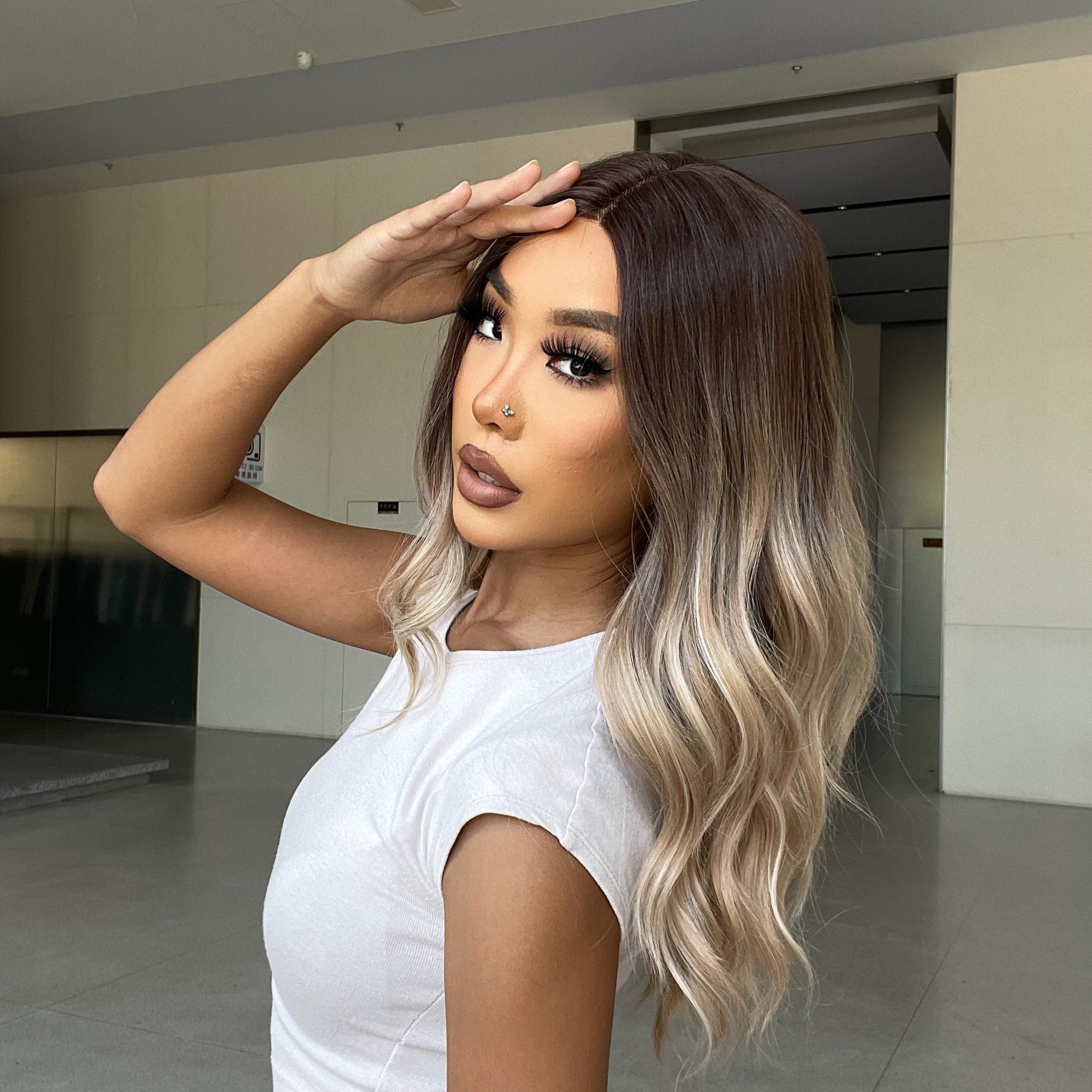 May-DWY Lace Front Middle Part Curly Ombre Blonde Glueless Synthetic Wig