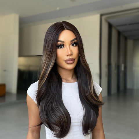 [Adr] New DWY Honey Brown Highlight Wig Lace Front Wig for Women Body Wave Wig Heat Resistant Synthetic Wig Natural Looking BL66069-1