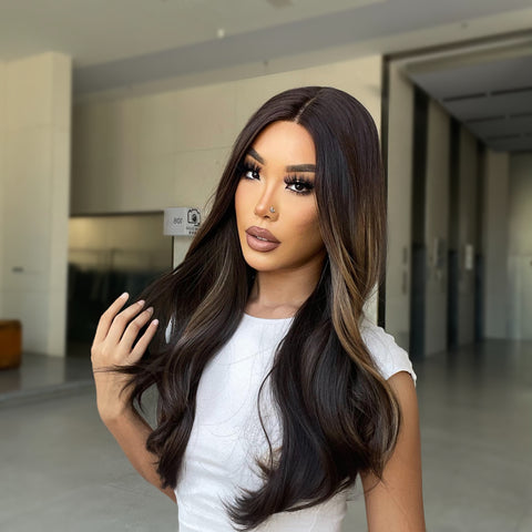 [Adr] New DWY Honey Brown Highlight Wig Lace Front Wig for Women Body Wave Wig Heat Resistant Synthetic Wig Natural Looking BL66069-1