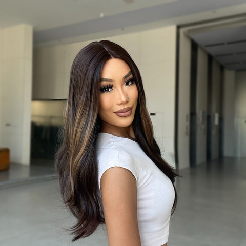 [Adr] New DWY Honey Brown Highlight Wig Lace Front Wig for Women Body Wave Wig Heat Resistant Synthetic Wig Natural Looking BL66069-1