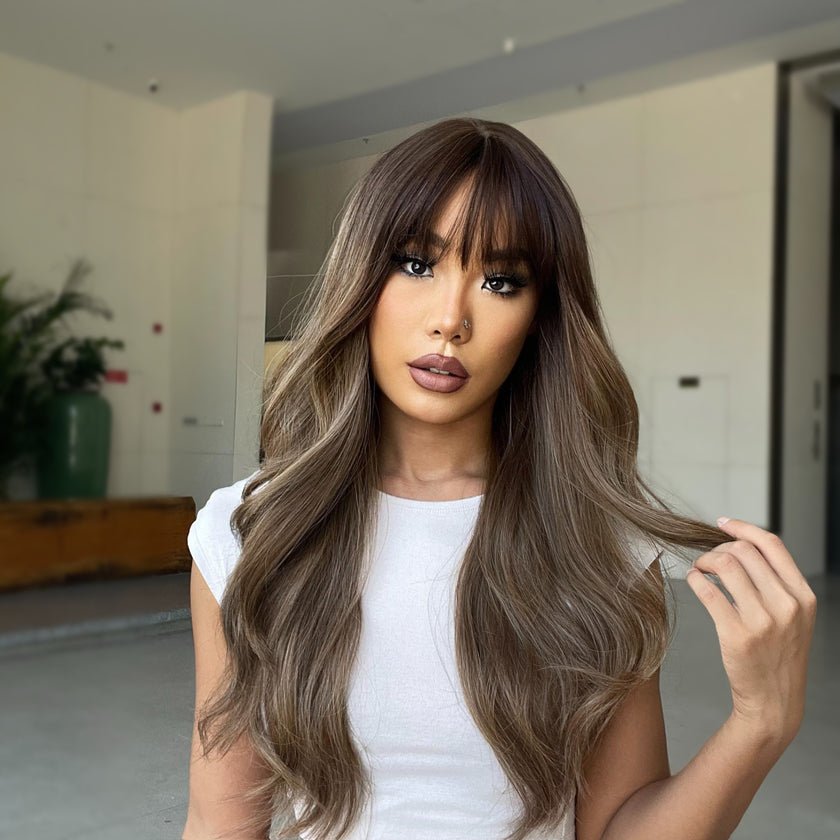 Sienna-DWY Omber Brown Long Curly Synthetic Wigs With Bangs