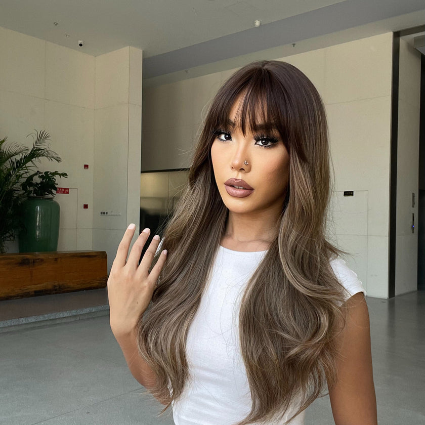 Sienna-DWY Omber Brown Long Curly Synthetic Wigs With Bangs