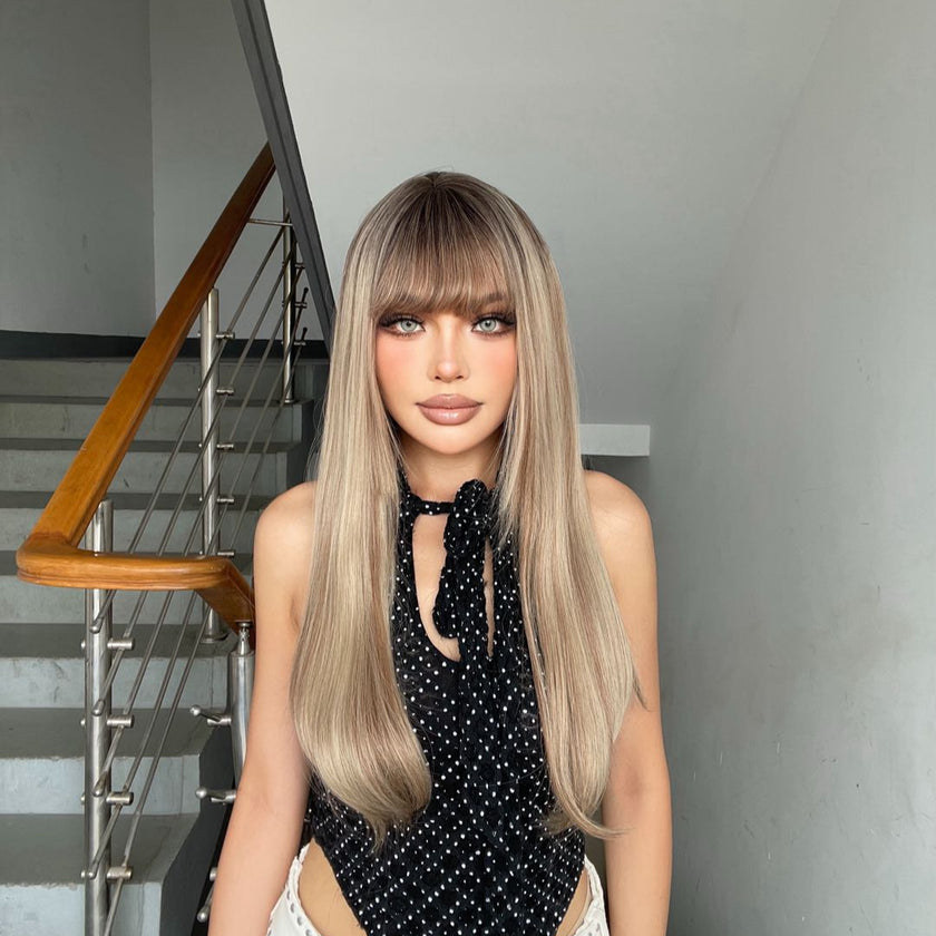 Shenna-DWY Ombre Blonde With Brown Highlights Long Natural Wavy Synthetic Wig With Bangs