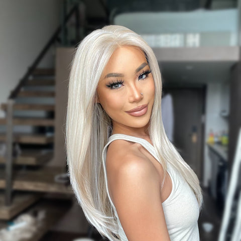 [Adr] [Free Part Full Lace]DWY 22 Inches Blonde Mix White Straight Lace Front Wigs Natural Heat Resistant Hair for Women Daily Use Party or Cosplay SWLF1007-5BL22