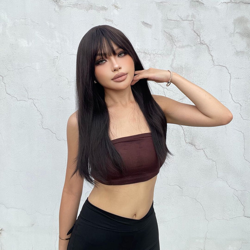 Katie-DWY Long-length Sliky Stright Black with Bangs Glueless Synthetic Wig