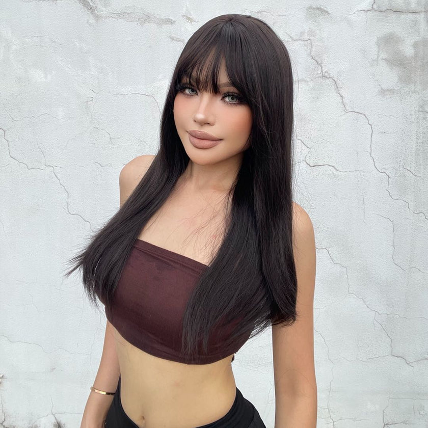 Katie-DWY Long-length Sliky Stright Black with Bangs Glueless Synthetic Wig