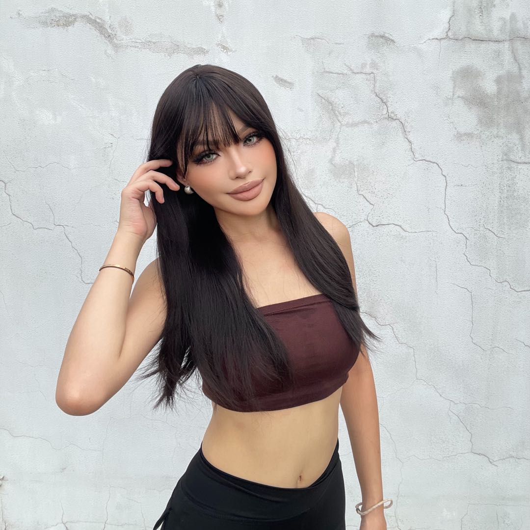 Katie-DWY Long-length Sliky Stright Black with Bangs Glueless Synthetic Wig