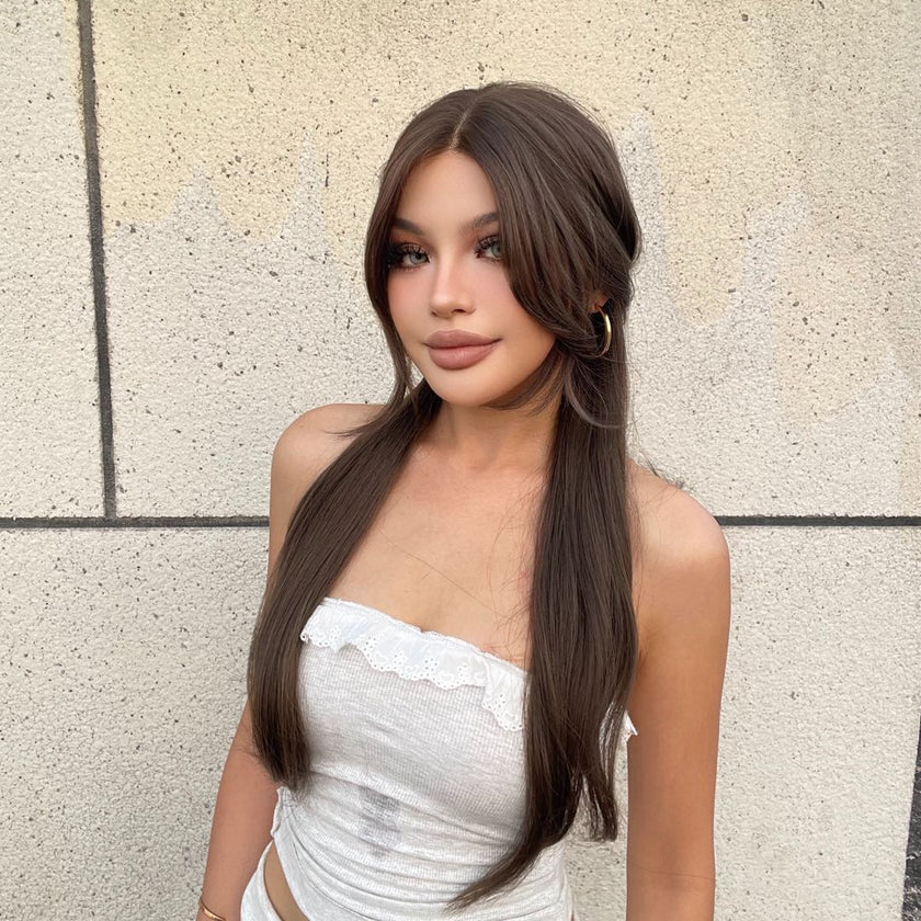 Luanne-DWY Lace Front Middle Part Long-Length Natural Wavy Brown Glueless Synthetic Wig