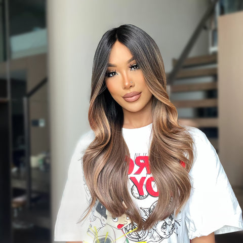 [Adr]DWY Mono Wig Brown Ombre Blonde Lace Front Long Curly Wavy Wig Free Part Ombre Hair Wig for Women SWMN1030-1BR24