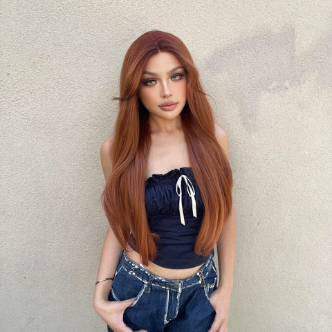 Alisia-DWY Lace Front T-Part Long Curly Orange Synthetic Wig With Side Bangs