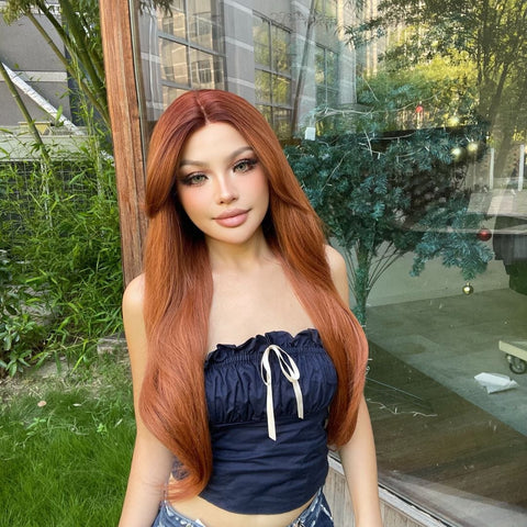 Alisia-DWY Lace Front T-Part Long Curly Orange Synthetic Wig With Side Bangs