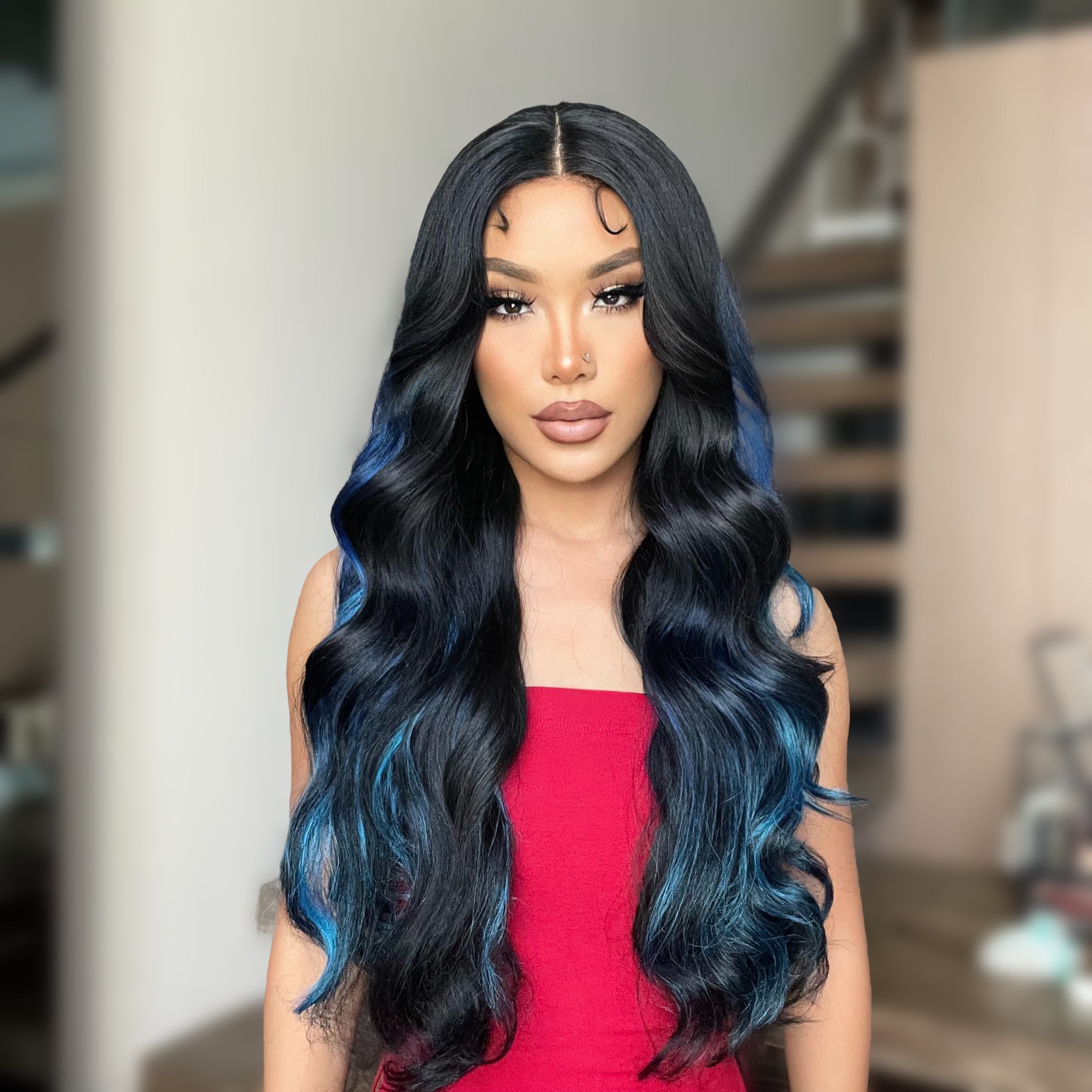 DWY 26-Inch Long Black Wavy Wig with Blue Highlights – Synthetic Heat-Resistant Curly Wig for Stylish Daily Wear and Parties HC11140-1