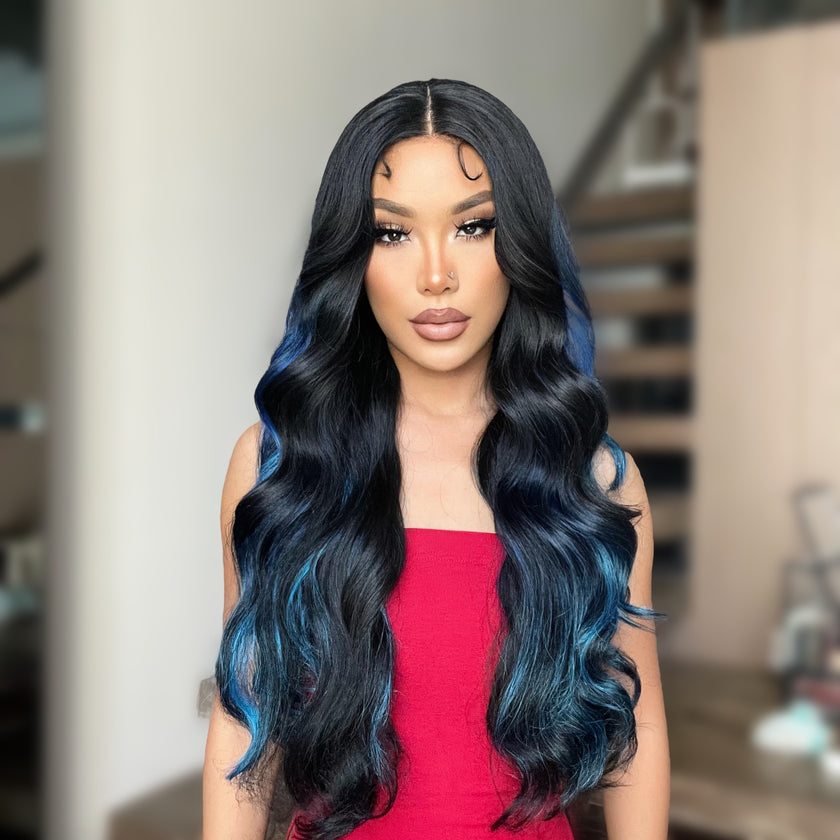 DWY 26-Inch Long Black Wavy Wig with Blue Highlights – Synthetic Heat-Resistant Curly Wig for Stylish Daily Wear and Parties HC11140-1