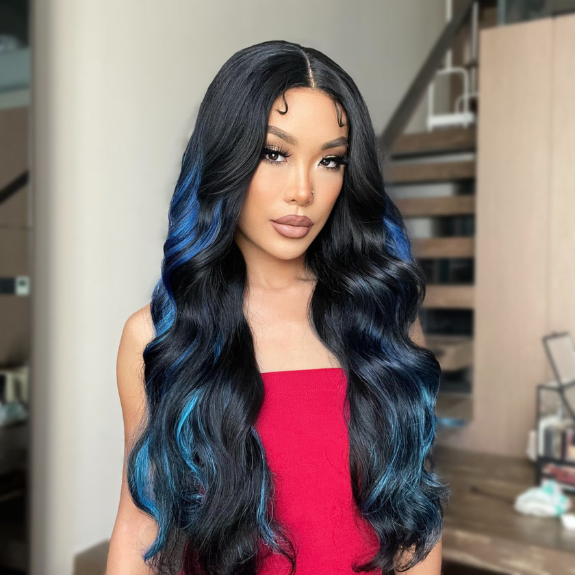 DWY 26-Inch Long Black Wavy Wig with Blue Highlights – Synthetic Heat-Resistant Curly Wig for Stylish Daily Wear and Parties HC11140-1