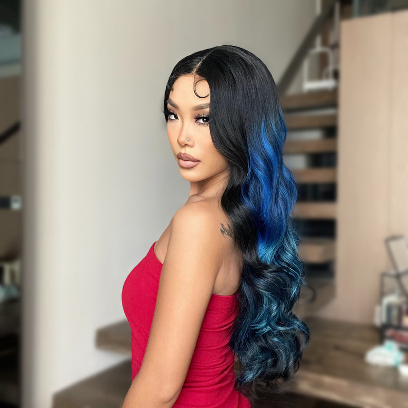 DWY 26-Inch Long Black Wavy Wig with Blue Highlights – Synthetic Heat-Resistant Curly Wig for Stylish Daily Wear and Parties HC11140-1