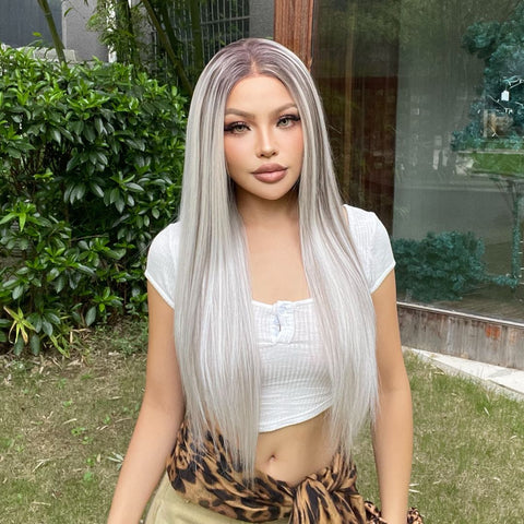 Abigail-DWY Lace Front 13×6 Rooted Grey Straight Free Part Synthetic Wig