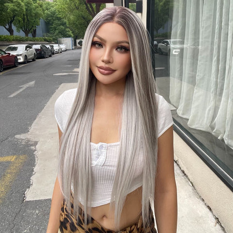 Abigail-DWY Lace Front 13×6 Rooted Grey Straight Free Part Synthetic Wig