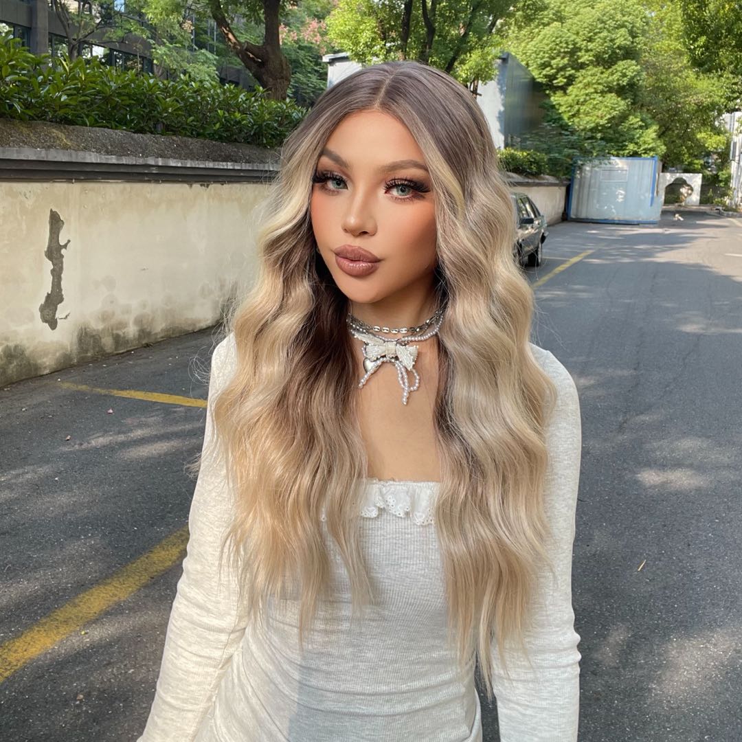 [*Paulina]【Free Part】【Lace Front】DWY Mid-Length Curly Blonde With Dark Roots And Highlights Synthetic Wig Women Daily Use BL66200-1