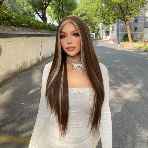 [Megan] DWY 13*6 [Lace Front ] Wigs Long Straight Brown with Highlights Heat resistant Synthetic Women's Wigs for Daily or Holiday Use SWLF1034-1BR28