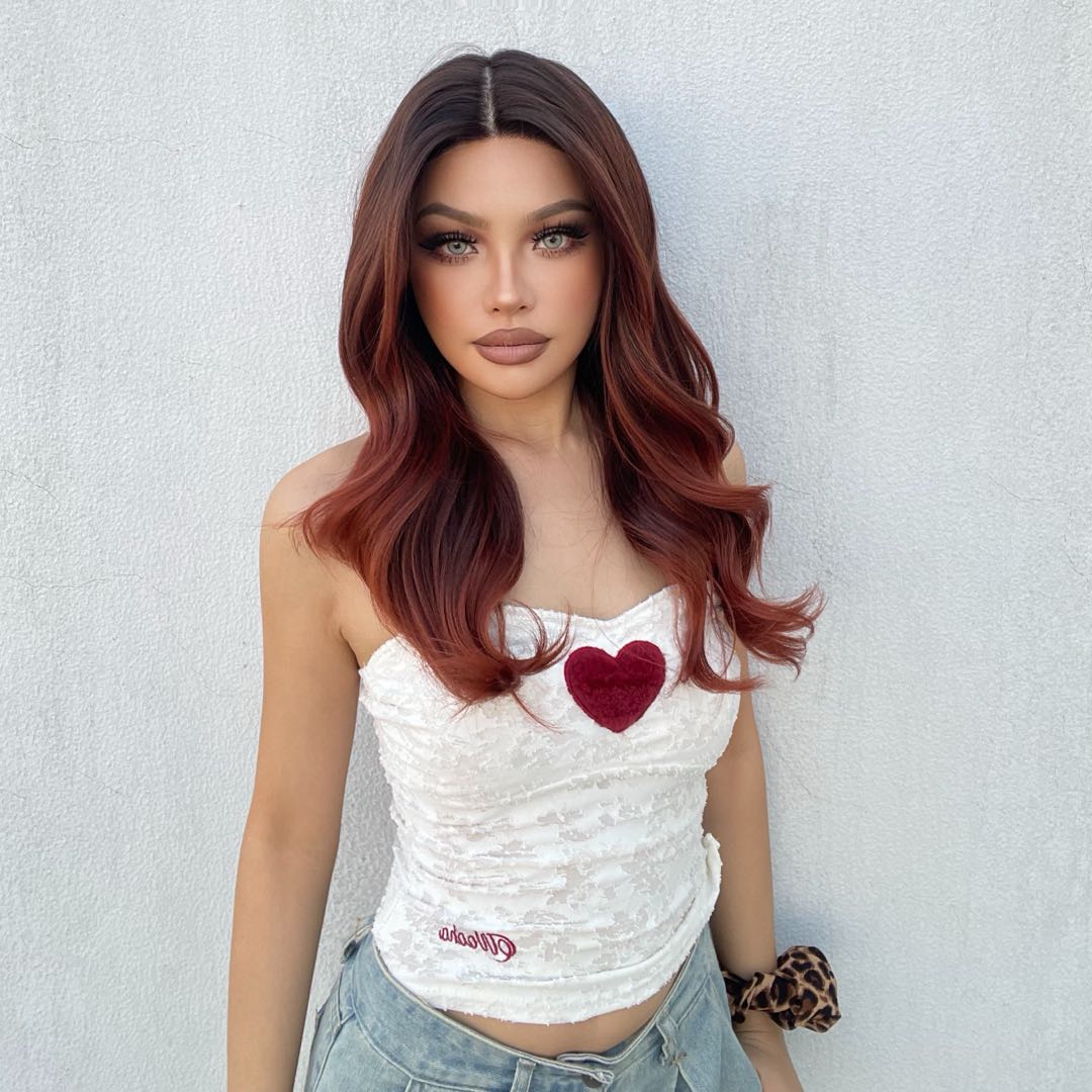 (Us Only)DWY T-Part Lace wig Mid-Length Curly Wig Copper Orange Red with Dark Root