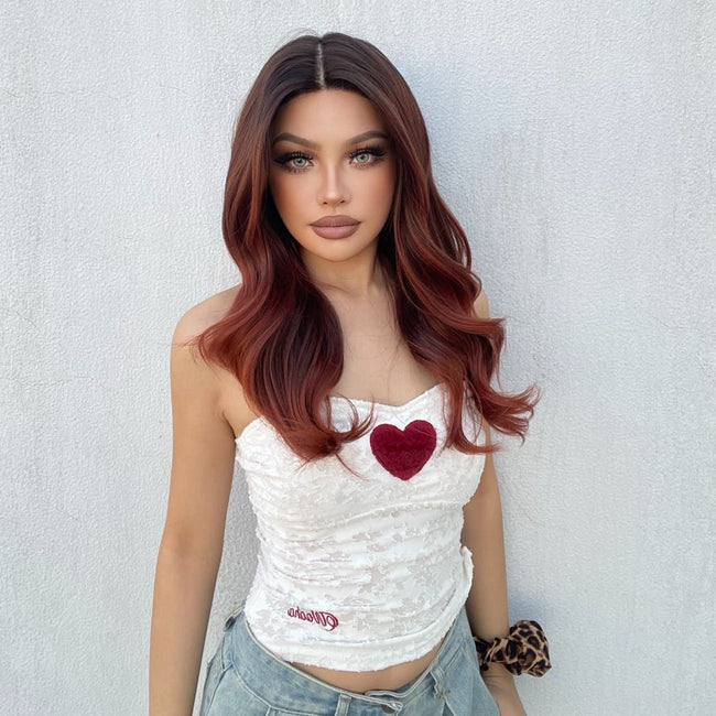 (Us Only)DWY T-Part Lace wig Mid-Length Curly Wig Copper Orange Red with Dark Root