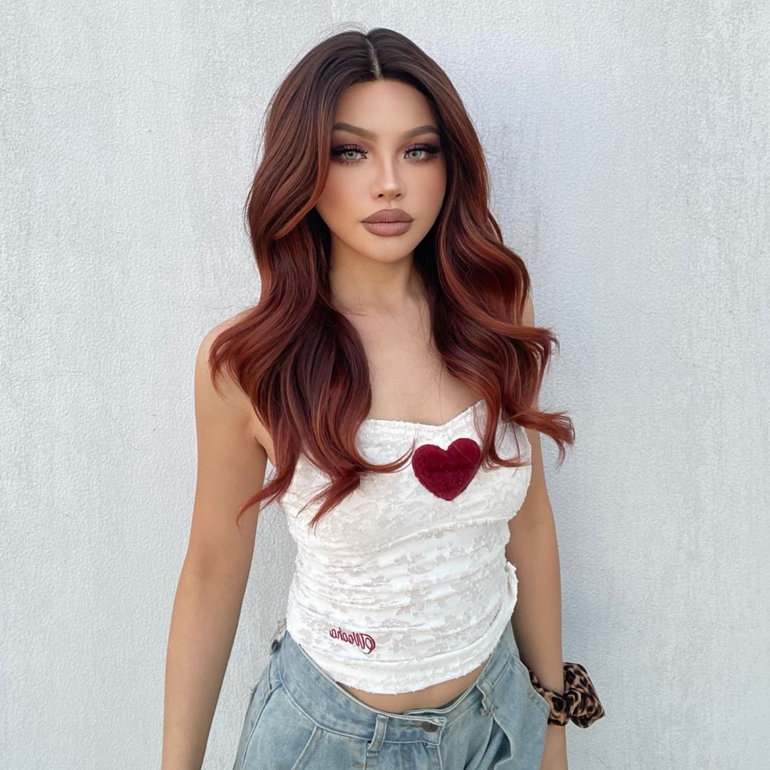 (Us Only)DWY T-Part Lace wig Mid-Length Curly Wig Copper Orange Red with Dark Root