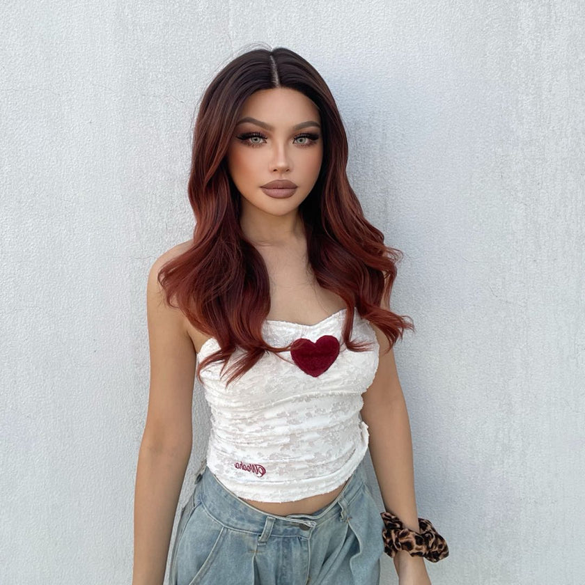 (Us Only)DWY T-Part Lace wig Mid-Length Curly Wig Copper Orange Red with Dark Root