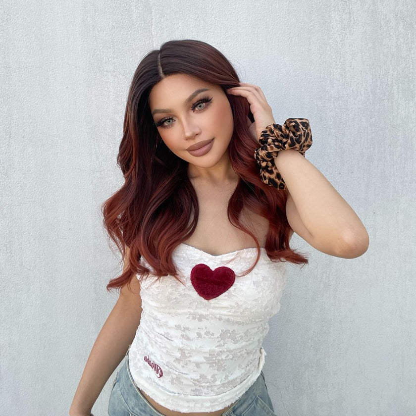 (Us Only)DWY T-Part Lace wig Mid-Length Curly Wig Copper Orange Red with Dark Root