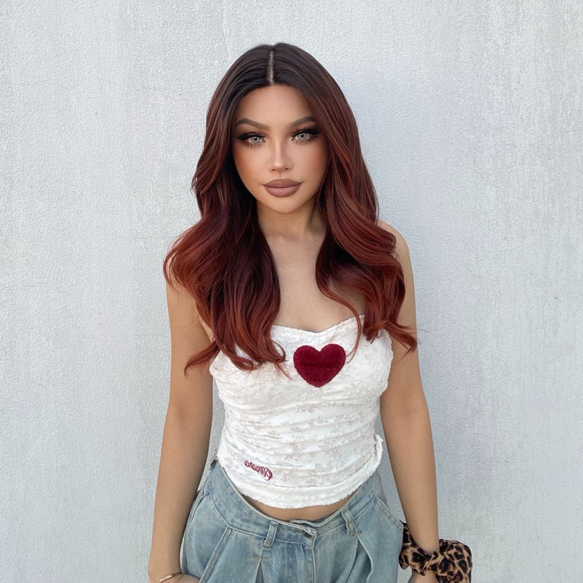 (Us Only)DWY T-Part Lace wig Mid-Length Curly Wig Copper Orange Red with Dark Root