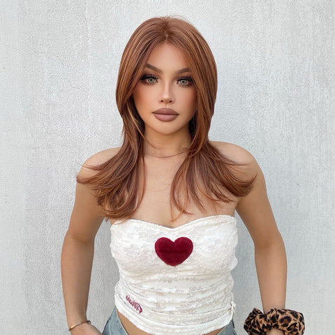 Vonny-DWY Lace Front 13×6 Free Part Mid-Length Dark Orange Synthetic Wig