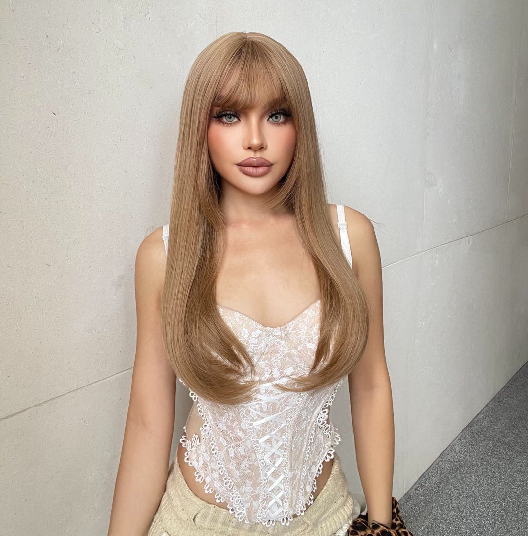 Donna-DWY Milk Tea Blonde Long Straight Synthetic Wig With Bangs