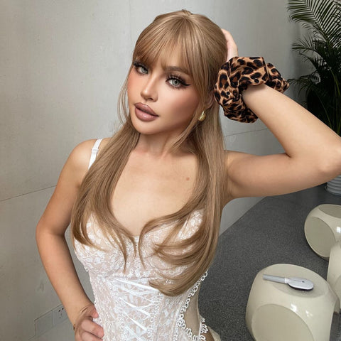 Donna-DWY Milk Tea Blonde Long Straight Synthetic Wig With Bangs