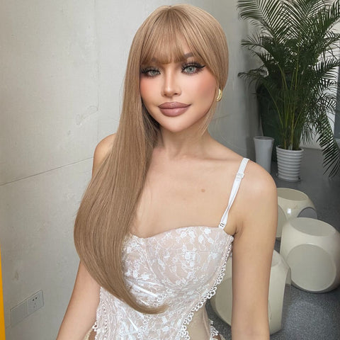 Donna-DWY Milk Tea Blonde Long Straight Synthetic Wig With Bangs