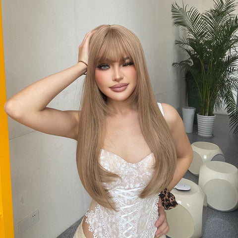 Donna-DWY Milk Tea Blonde Long Straight Synthetic Wig With Bangs