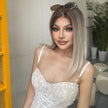 Kaka-DWY Free Part Hand Made Lace 12 Inch Short Straight Ombre Platinum Dark Roo