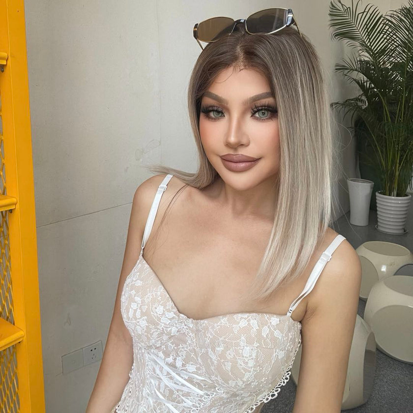 Kaka-DWY Free Part Hand Made Lace 12 Inch Short Straight Ombre Platinum Dark Roo