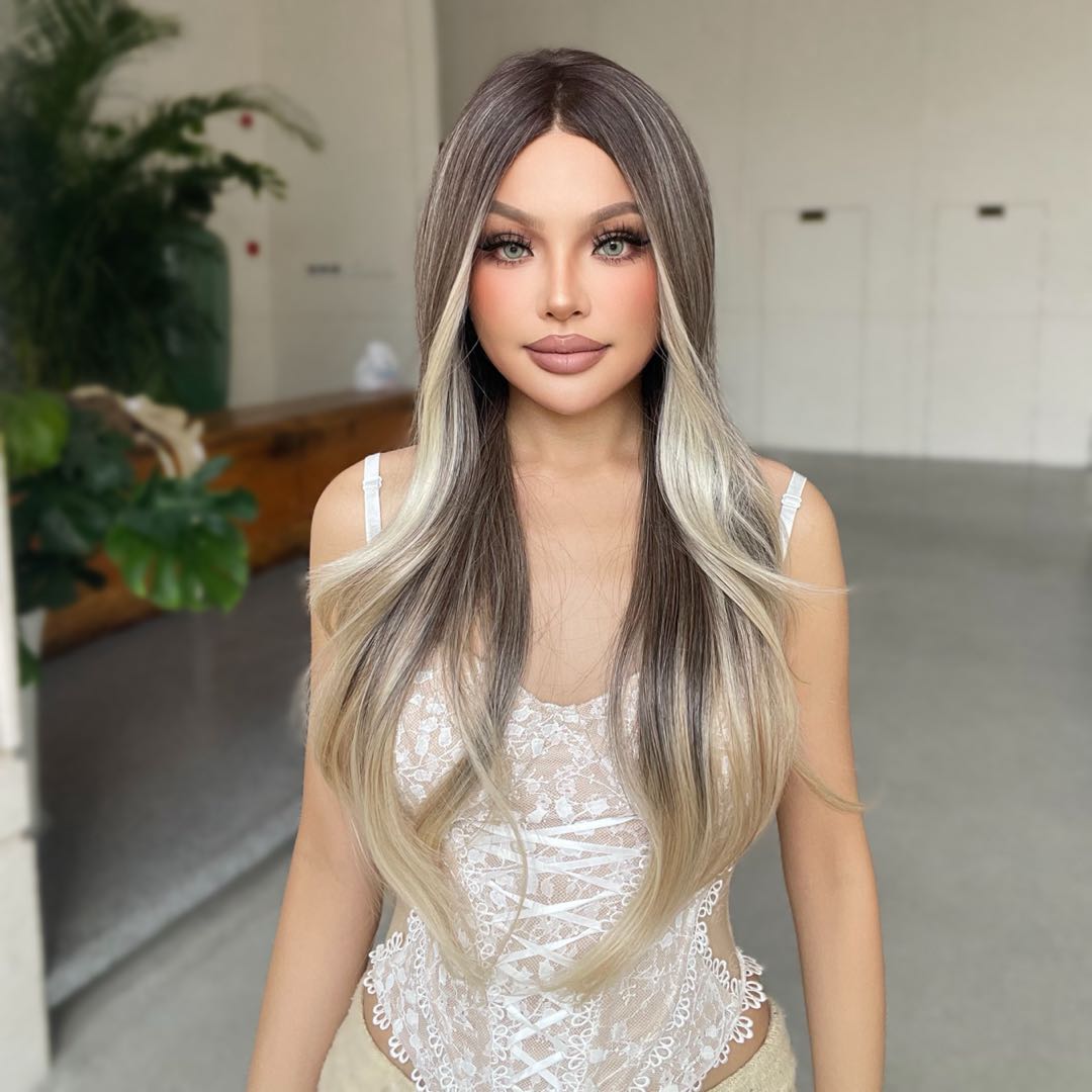 Olive-DWY Mono Lace Front Curly Free Part Ombre Brown With Blonde Synthetic Wig