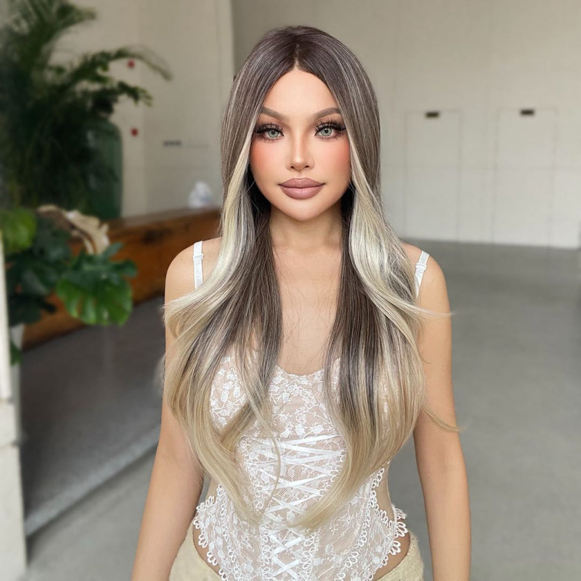 Olive-DWY Mono Lace Front Curly Free Part Ombre Brown With Blonde Synthetic Wig