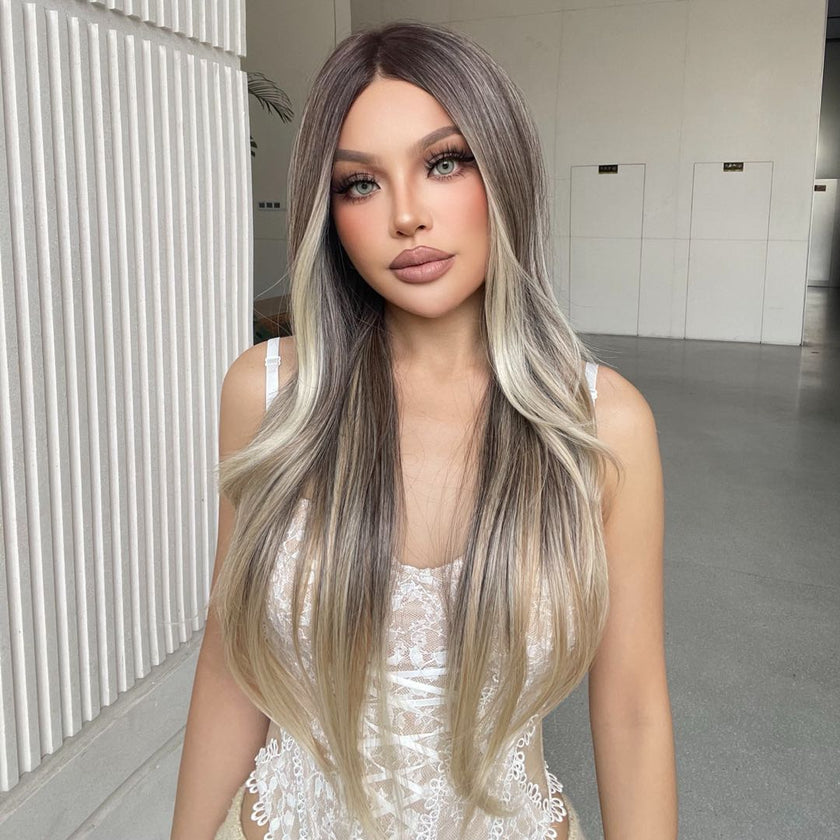 Olive-DWY Mono Lace Front Curly Free Part Ombre Brown With Blonde Synthetic Wig