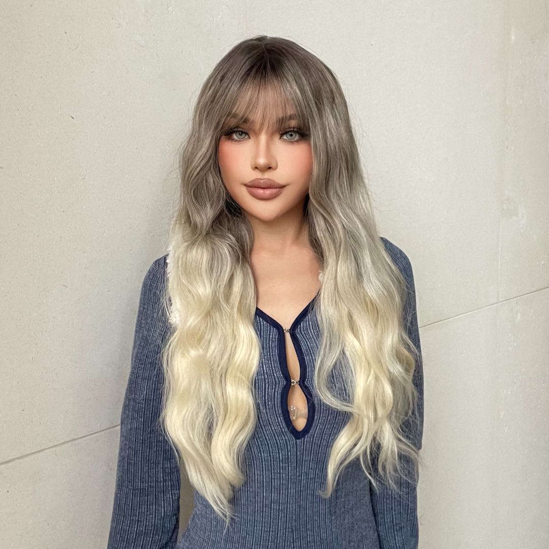 Hannah-DWY Ombre Bleach Blonde Long Curly Synthetic Wig With Bangs