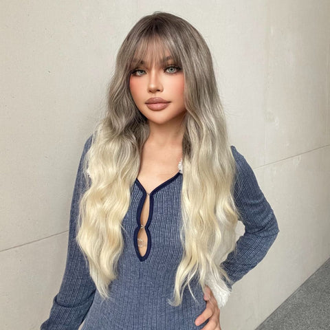 Hannah-DWY Ombre Bleach Blonde Long Curly Synthetic Wig With Bangs