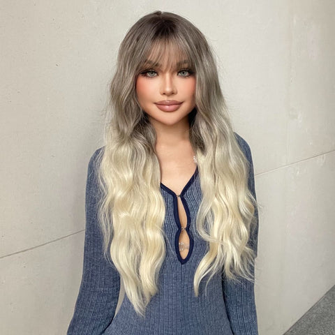 Hannah-DWY Ombre Bleach Blonde Long Curly Synthetic Wig With Bangs