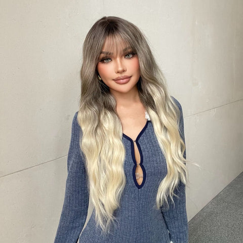 Hannah-DWY Ombre Bleach Blonde Long Curly Synthetic Wig With Bangs