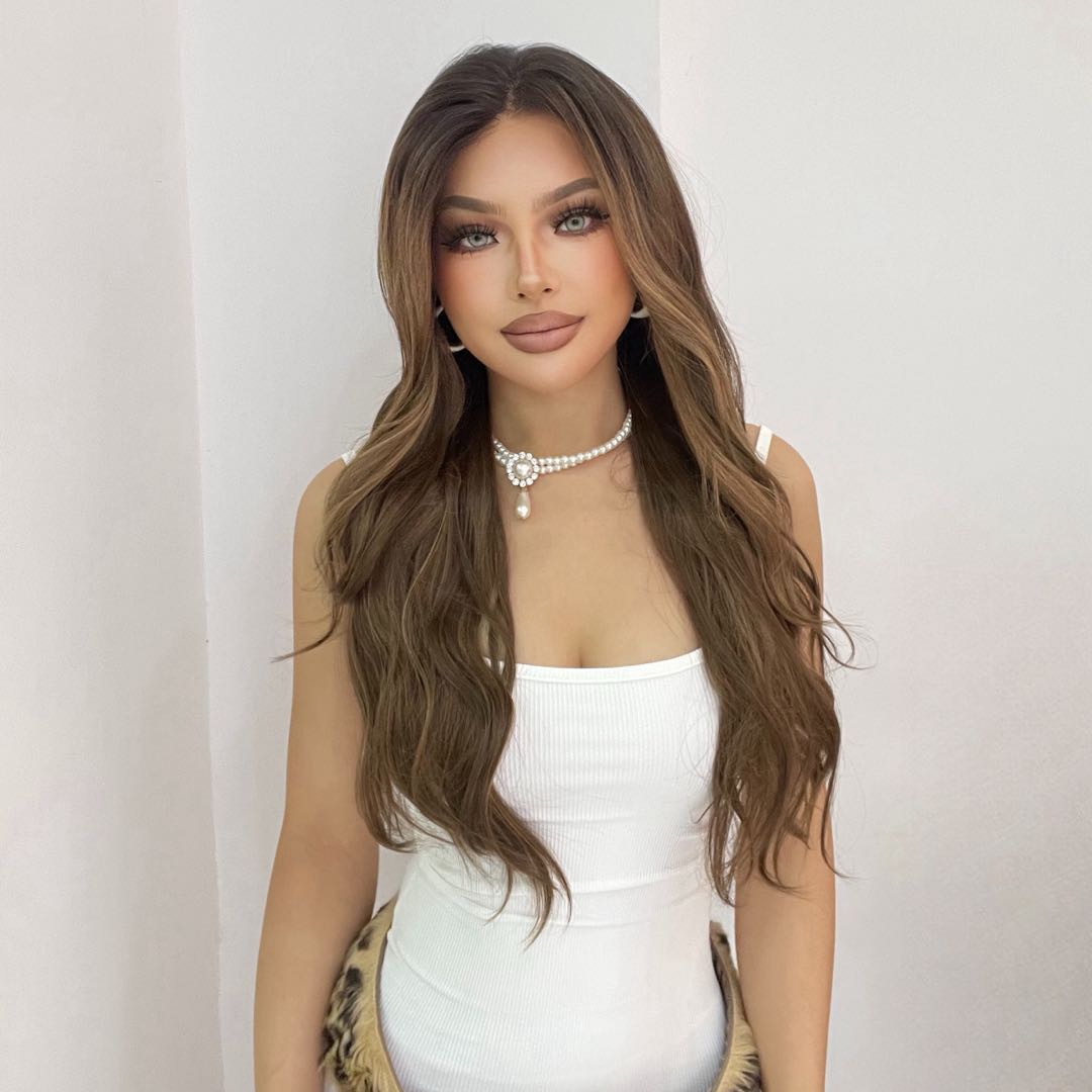 Mocca-DWY 13×6 Libera Lace Free Part Long-Length Wavy Brown with Highlights Synthetic Wig
