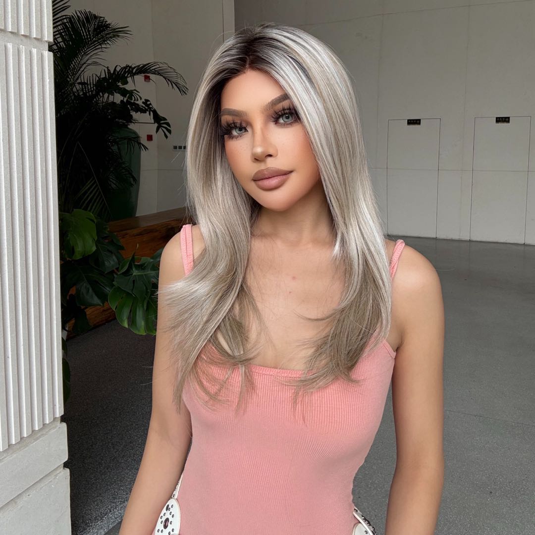 Veronica-DWY 20-Inch Glueless Lace Front Synthetic Wig - Mid-Length Straight Rooted Platinum Blonde