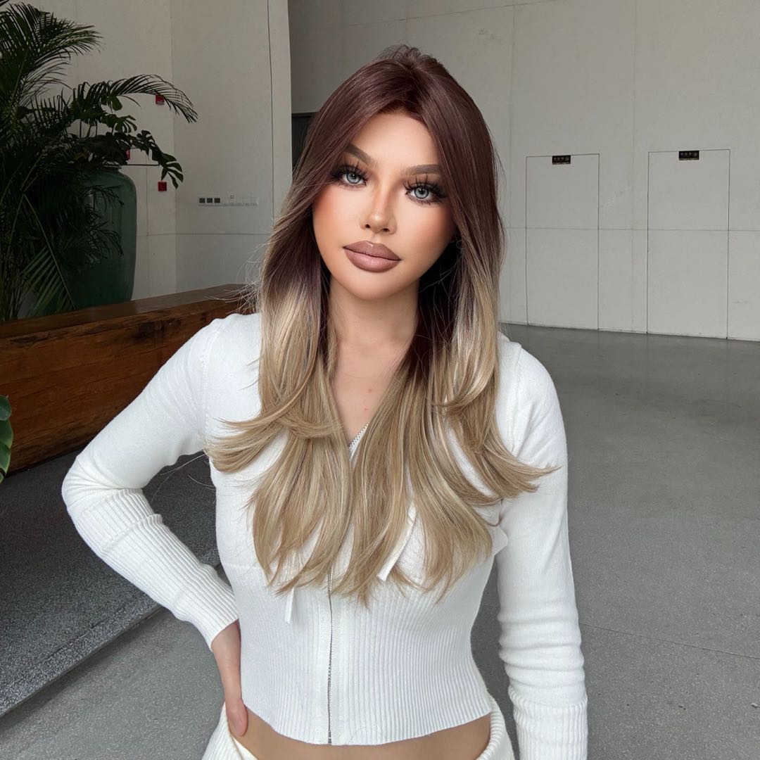 Sophia-DWY Mono Lace Front Ombre Brown Blonde Long Wavy Free Part Synthetic Wig