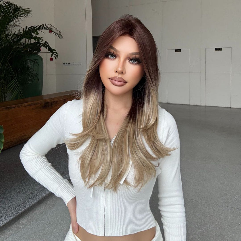 Sophia-DWY Mono Lace Front Ombre Brown Blonde Long Wavy Free Part Synthetic Wig