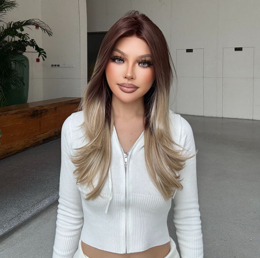 Sophia-DWY Mono Lace Front Ombre Brown Blonde Long Wavy Free Part Synthetic Wig